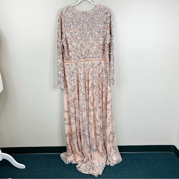 Mac Duggal Pink Embellished Illusion High Neck Long Sleeve A Line Gown Size 18 - Picture 3 of 13